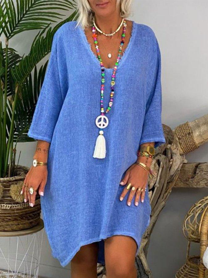 Solid 3/4 Sleeve Vintage Cotton-Blend Dresses