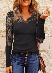 Casual Plain Sexy Lace Basic Shirts