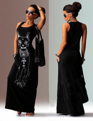 Cat Printed Straps Sleeveless Maxi Dress