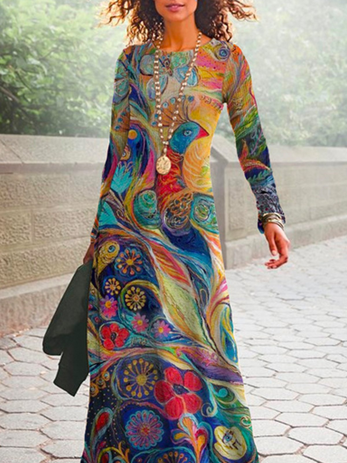 Vintage Round neck long sleeve maxi Dresses