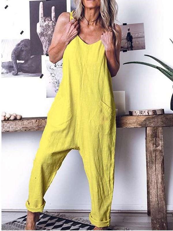Casual Loose Pure V neck Vest Sleeveless Jumpsuits