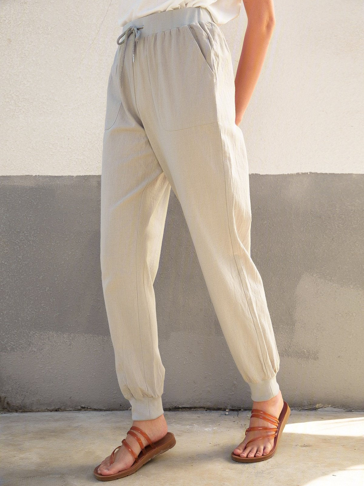 Solid Drawstring Casual Linen Pants Women Trousers