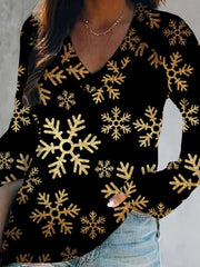 Christmas Xmas Long Sleeve V Neck Plus Size Printed Tops T-shirts