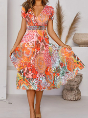 V-neck printed short sleeve skater dresses