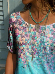 Casual Crew Neck Short Sleeve Floral Tops