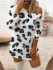 Vintage Long Sleeve Leopard Butterfly Geometric Printed Off Shoulder Plus Size Casual Dresses