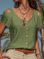 Cold shoulder Casual Shift Cotton-Blend Short Sleeve Shirts & Tops