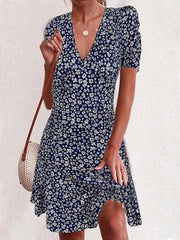 Dark Blue Casual Short Sleeve Floral-Print A-Line Dresses