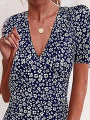 Dark Blue Casual Short Sleeve Floral-Print A-Line Dresses