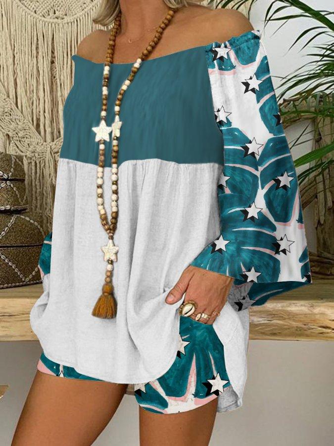 White-Green Off Shoulder Cotton-Blend Shift Vintage Suits