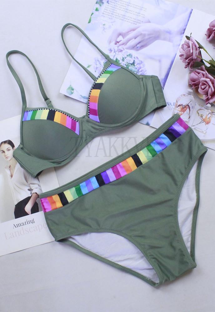 Colorful Border Push Up Bikini Set
