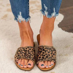 Rivet Flat Sandals Leopard Print Plush Slippers