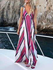 Deep V-neck Striped Bohemia Maxi Dress