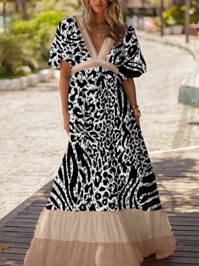 Casual Colorblock Printed Short Sleeve V Neck Holiday Dresses