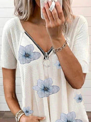 Casual V Neck Floral Short Sleeve Tops