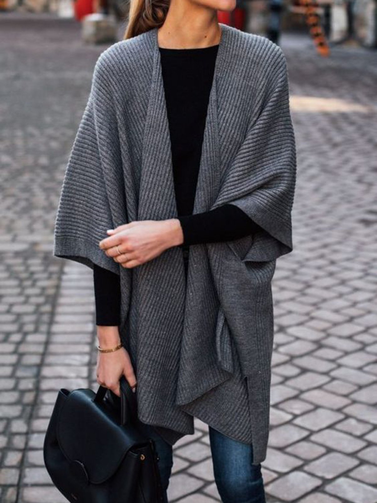Collarless Gray Fashion Women Bat Sleeve Coats Outerwear