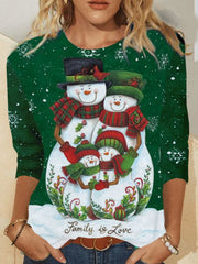 Christmas Xmas Snowman Long Sleeve Round Neck Plus Size Printed Tops T-shirts