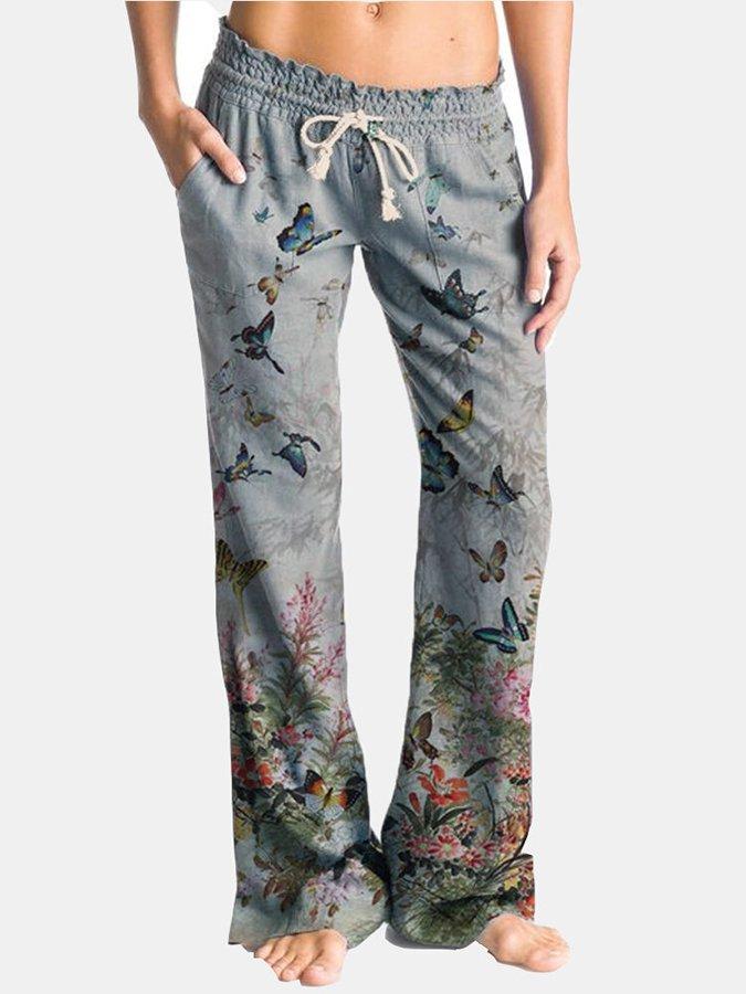 Butterfly Flower Print Drawstring Elastic Waist Casual Pants For Women