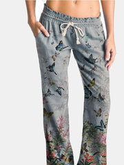 Butterfly Flower Print Drawstring Elastic Waist Casual Pants For Women