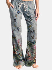 Butterfly Flower Print Drawstring Elastic Waist Casual Pants For Women
