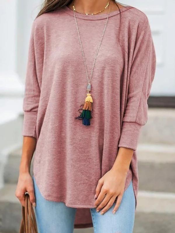 Womens loose casual round neck hem irregular solid color T-shirt