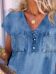 Casual Denim Cotton-blend Short Sleeve V Neck Dresses