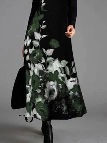 Simple Elegant Floral Women Warm Long Sleeve Maxi Dresses