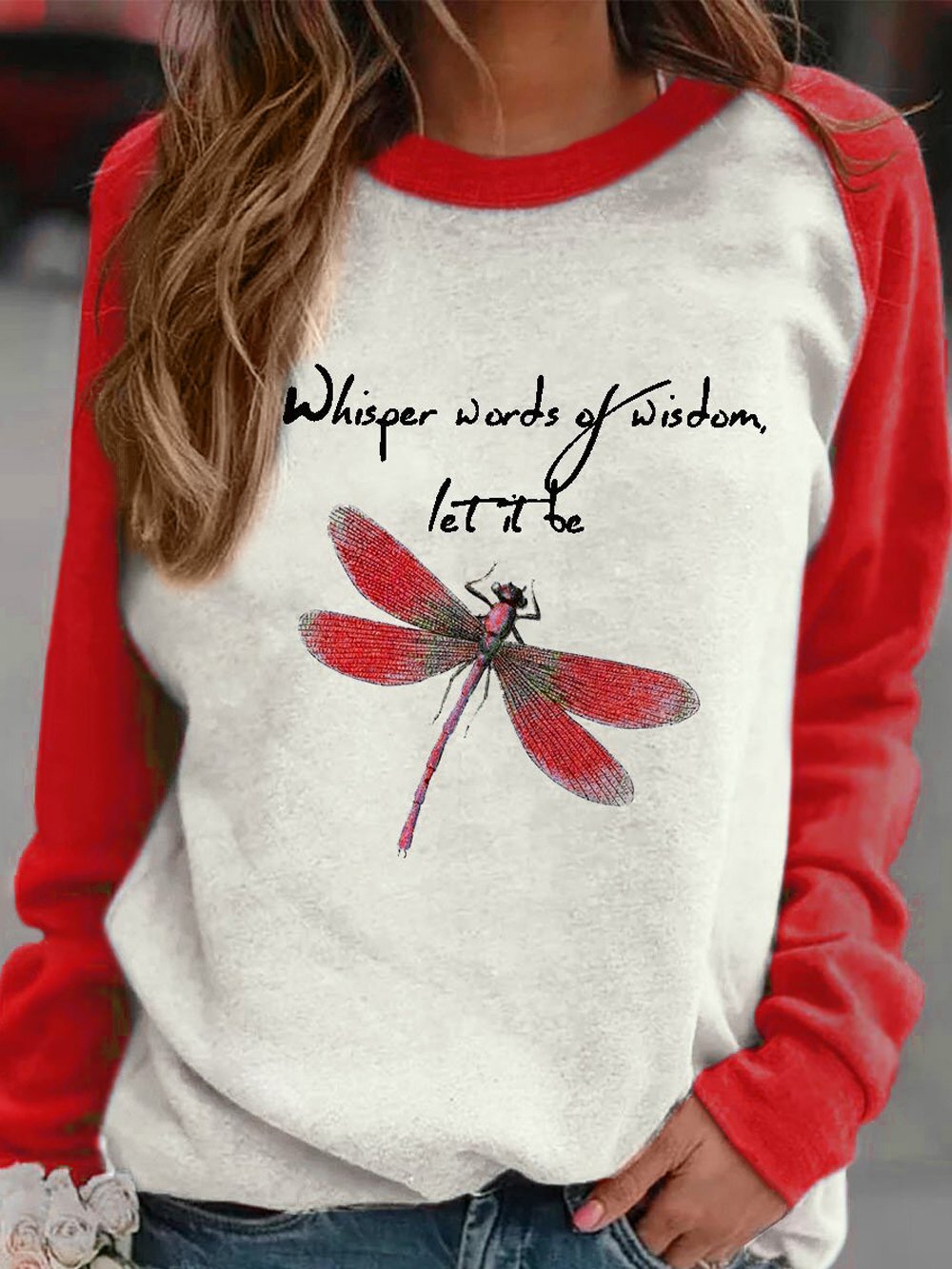 Women's Whisper Words Of Wisdom Let It Be Dragonfly Print Sweatshirt