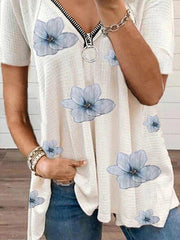 Casual V Neck Floral Short Sleeve Tops