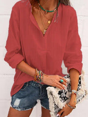 Casual Cotton-Blend Plain Long Sleeve Shirts Blouses