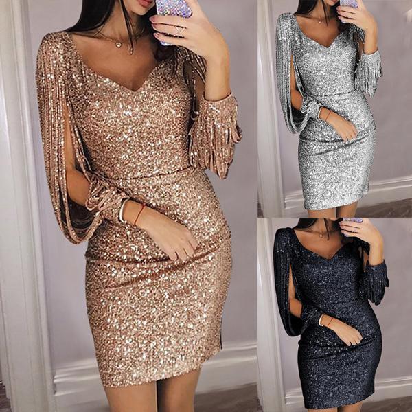 Sexy Deep V Long Sleeve Slim Shiny Evening Dresses