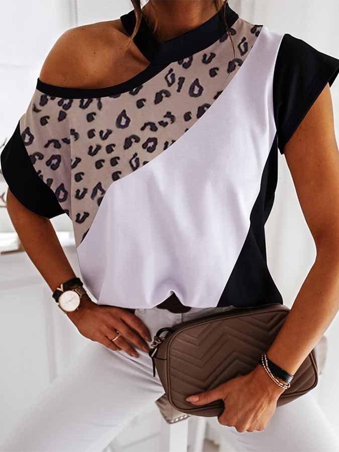Casual Colorblock Leopard Print Short Sleeve Tops