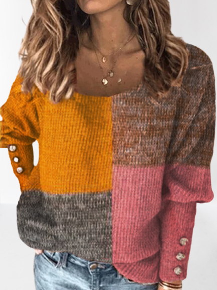 Rose Red Color-Block Long Sleeve Cotton-Blend Round Neck Sweater