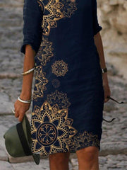 Dark Blue Half Sleeve Casual Printed Dresses