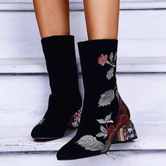 Plus Size Women Comfy Flowers Embroidered Mid Calf Zipper Chunky Heel Boots