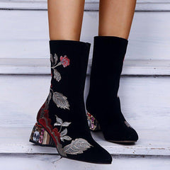 Plus Size Women Comfy Flowers Embroidered Mid Calf Zipper Chunky Heel Boots