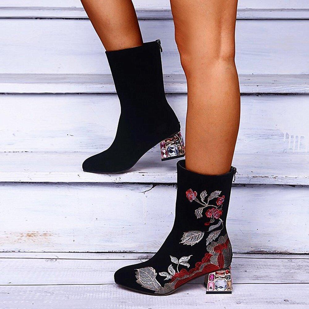 Plus Size Women Comfy Flowers Embroidered Mid Calf Zipper Chunky Heel Boots