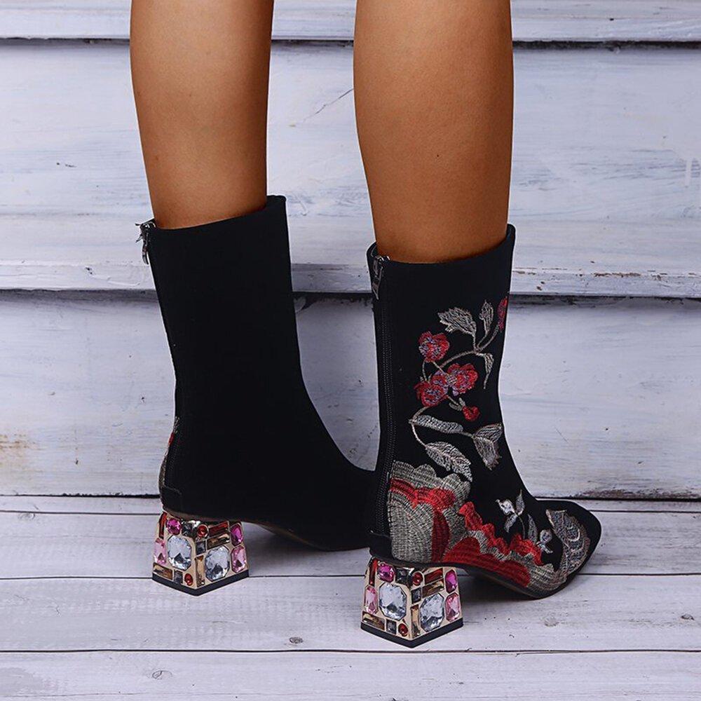 Plus Size Women Comfy Flowers Embroidered Mid Calf Zipper Chunky Heel Boots