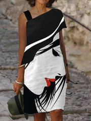 White-Black Single Sleeve Abstract Shift Dresses