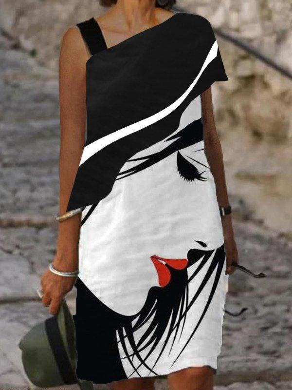 White-Black Single Sleeve Abstract Shift Dresses