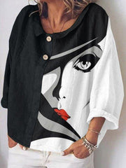 White-Black Long Sleeve Abstract Shawl Collar Statement Shirts & Tops