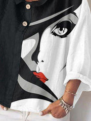 White-Black Long Sleeve Abstract Shawl Collar Statement Shirts & Tops