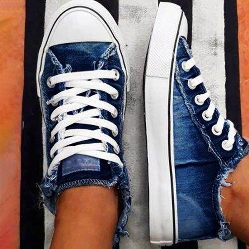 Women Comfy Canvas Lace Up Flat Heel Denim Sneakers