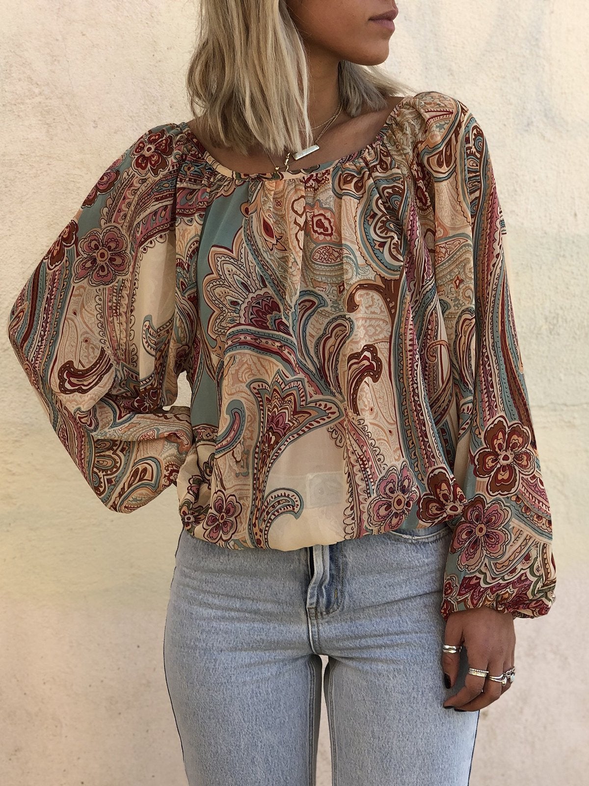 Boho Printed Crew Neck Casual Shirts Blouses