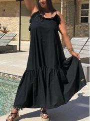 Black Solid Spaghetti Sleeveless Swing Dresses