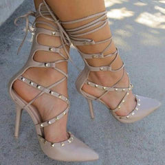 Bootie Hollow Cross Lace Up Rivets Stiletto High Heels Shoes