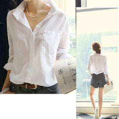 White Turn Down Collar Long Sleeve Tops Casual Cotton Blouse