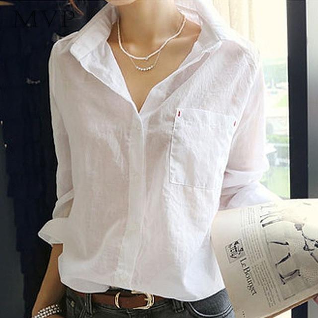 White Turn Down Collar Long Sleeve Tops Casual Cotton Blouse