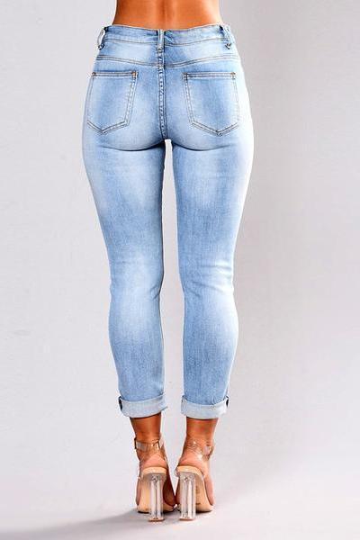 Blue Low Waist Ripped Embroidery Jeans