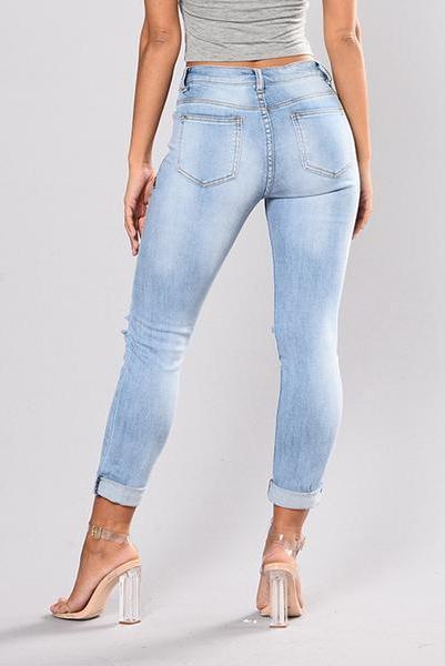 Blue Low Waist Ripped Embroidery Jeans